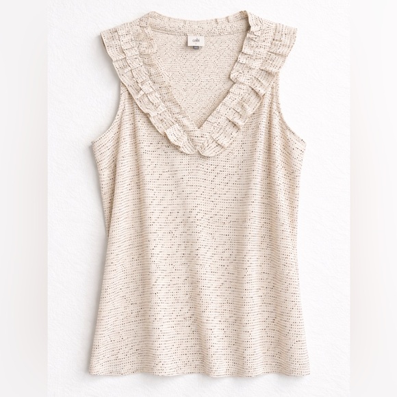 CAbi Tops - Cabi Polka Dot Ruffle Sleeveless Blouse Cream Black V Neck Size L